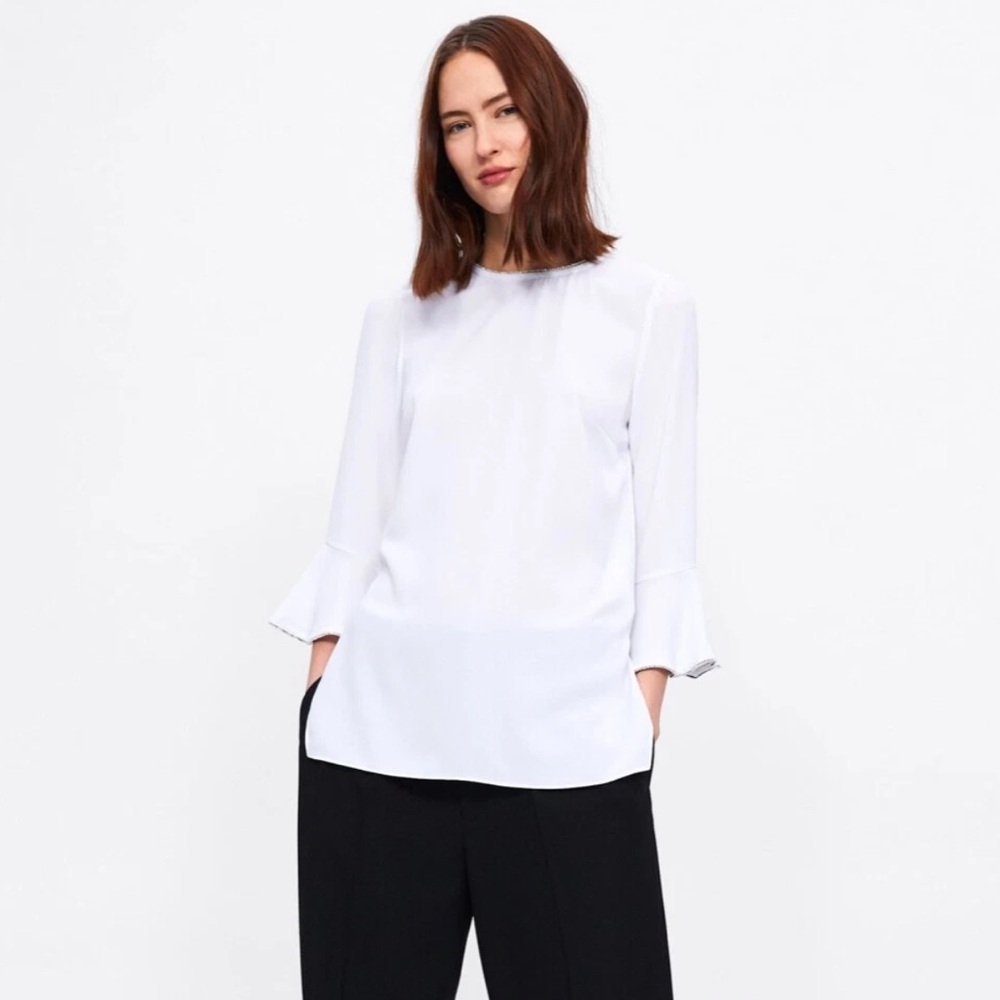 Zara NWT- Blouse with Ruffled Sleeve Jewel Trim Applique